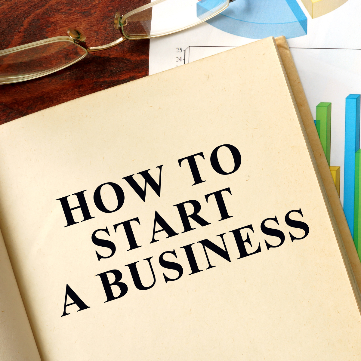 A book cover saying "how to start a business" with spectacles and graphs in the background